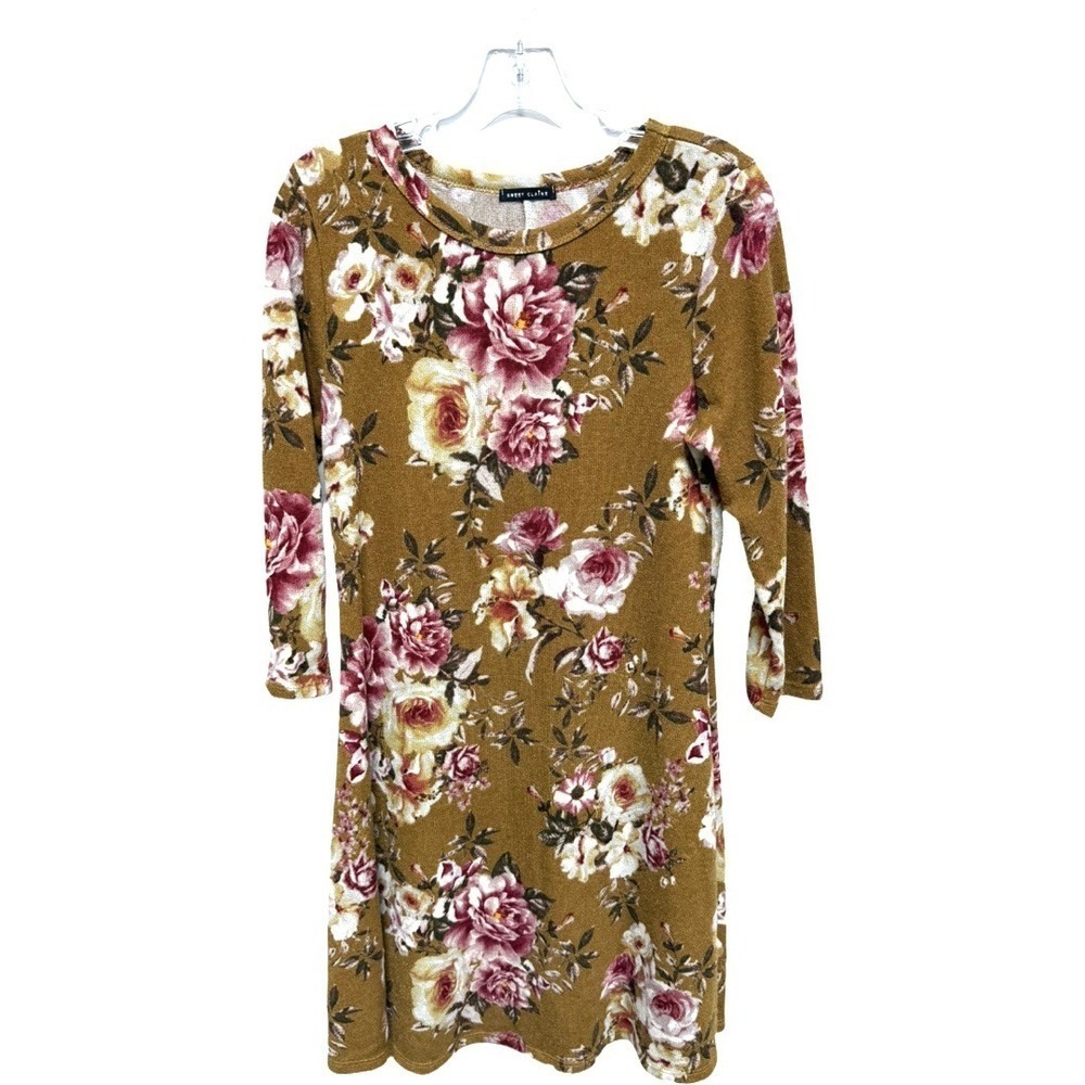 Sweet Claire Mustard Yellow Floral Fleece Style Long Sleeve Dress Size Medium